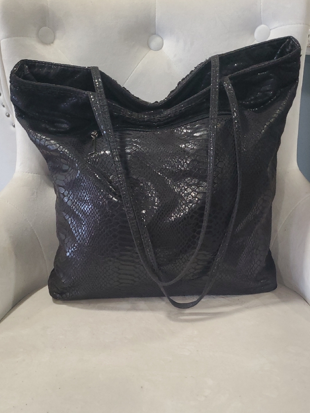 Cache Black Faux Snakeskin Tote with Long Shoulder Straps